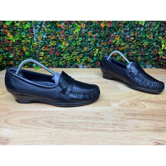SAS San Antonio Shoes Easier Slip On Loafers Wedge‎ Heel Leather Black Womens 8 - Picture 4 of 11